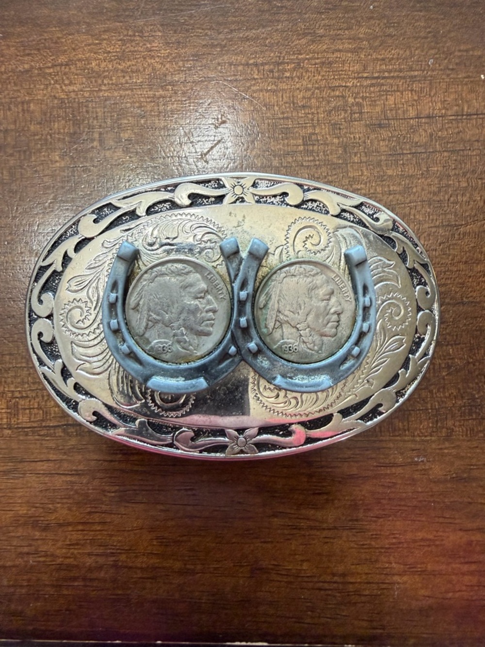 Vintage Silver Western Horseshoe & Coin Belt Buckle